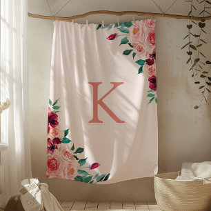 Monogramm-Wasserfarbe-Boho-Rosa-Burgunder-Rosen-Bl Fleecedecke
