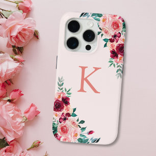 Monogramm-Wasserfarbe-Boho-Rosa-Burgunder-Rosenblü Case-Mate iPhone Hülle