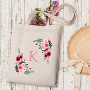 Monogramm-Wasserfarbe-Boho-Rosa-Burgunder-Rosenblu Tragetasche