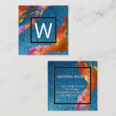 Monogramm Wasserfarbe gebürstet | Blaue Textur Quadratische Visitenkarte (Vorne/Hinten)