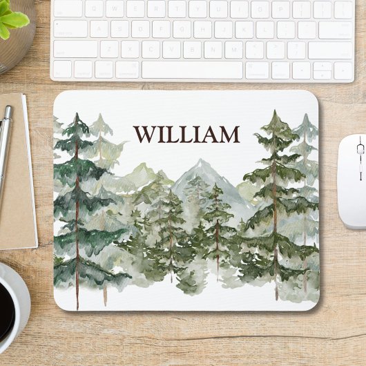 Monogramm-Wasserfarbe Kiefernwald & Berg Rustikal Mousepad