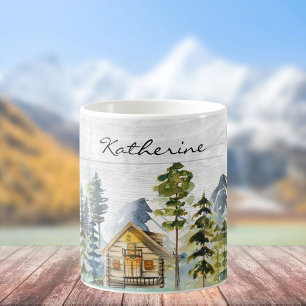 Monogramm-Wasserfarbe-Ländliche Wald-Berghütte Kaffeetasse