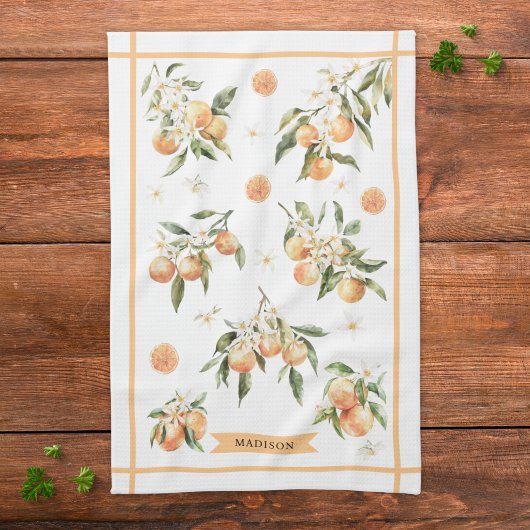 Monogramm-Wasserfarbe-Orangen-Blumen-Botanik Geschirrtuch