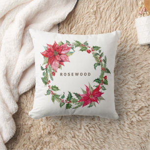 Monogramm-Wasserfarbe-Poinsettien-Weihnachtskranz Kissen