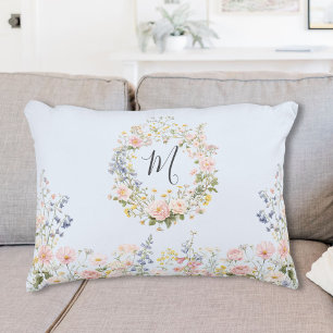 Monogramm Wasserfarbe Rosa Blaue Blumen Floral Dekokissen