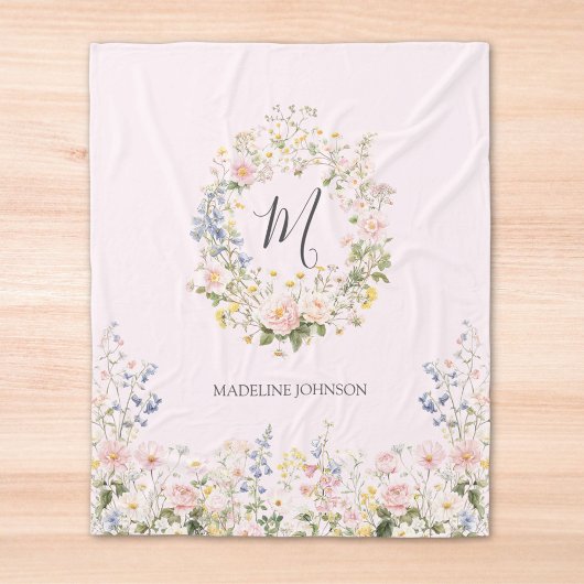 Monogramm Wasserfarbe Rosa Blaue Blumen Floral Fleecedecke