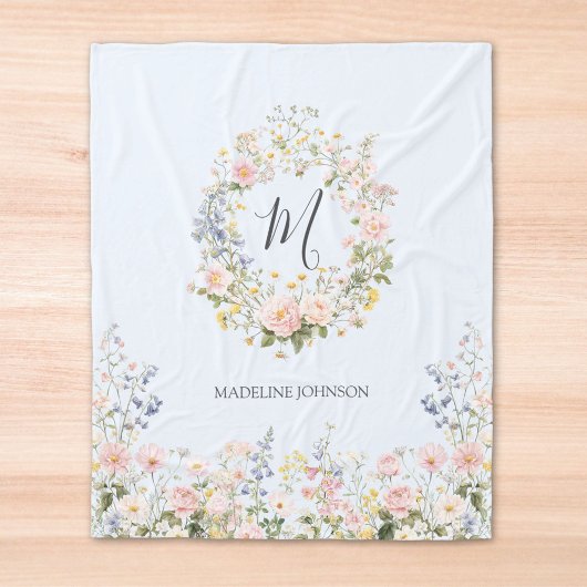 Monogramm-Wasserfarbe Rosa Blaue Blumen Floral Fleecedecke