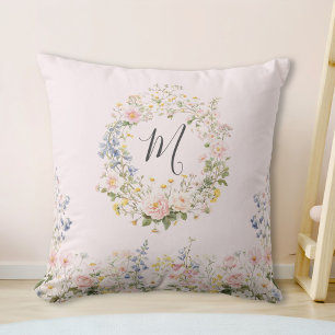 Monogramm-Wasserfarbe Rosa Blaue Blumen Floral  Kissen