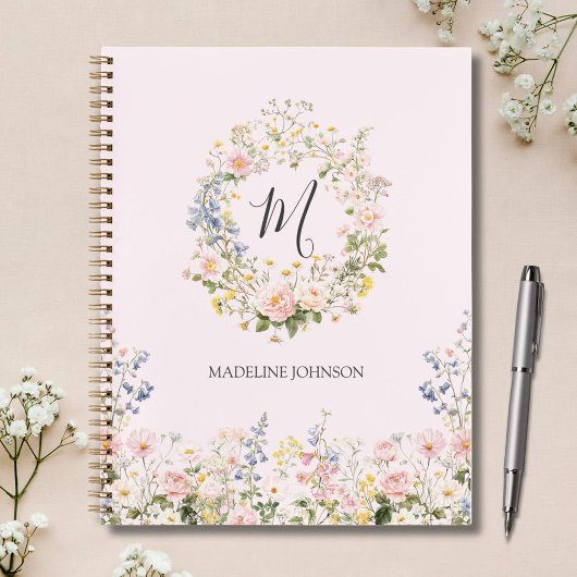 Monogramm Wasserfarbe Rosa Blaue Blumen Floral Planer