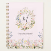 Monogramm Wasserfarbe Rosa Blaue Blumen Floral Planer (Vorderseite)