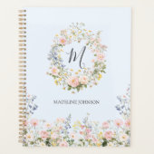 Monogramm Wasserfarbe Rosa Blaue Blumen Floral  Planer (Vorderseite)