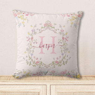 Monogramm-Wasserfarbe-Rosa-Blumen-Personalized Kissen