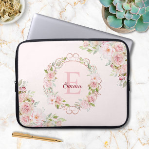 Monogramm-Wasserfarbe-Rosa-Rosen-Blumen-Blumig Laptopschutzhülle