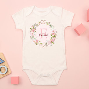 Monogramm-Wasserfarbe-Rosa-Rosen-Blumen Floral Baby Strampler