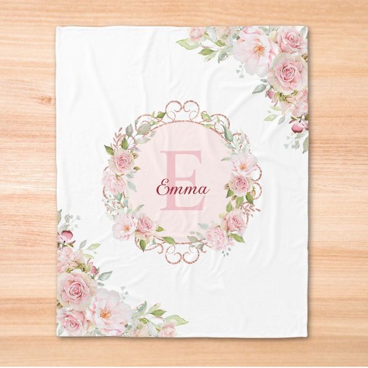 Monogramm-Wasserfarbe-Rosa-Rosen-Blumen-Floral Fleecedecke