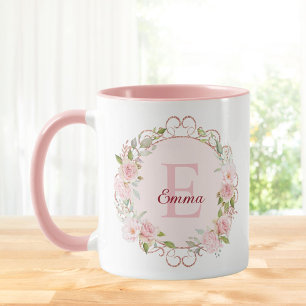 Monogramm-Wasserfarbe-Rosa-Rosen-Blumen Floral Tasse