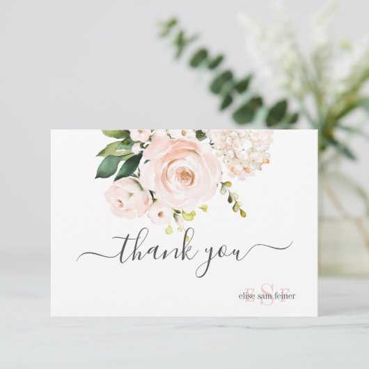 Monogramm Wasserfarbe Rosa Rosen Hydrangea Dankeskarte (Stehend Vorderseite)