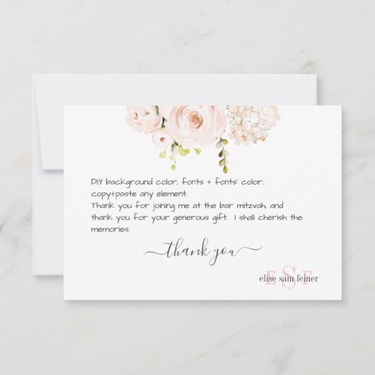 Monogramm Wasserfarbe Rosa Rosen Hydrangea Dankeskarte (Rückseite)