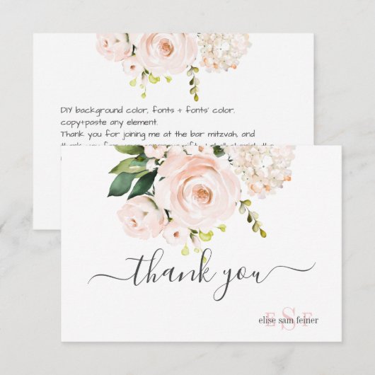 Monogramm Wasserfarbe Rosa Rosen Hydrangea Dankeskarte (Vorne/Hinten)