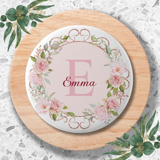 Monogramm-Wasserfarbe-Rosa-Rosenblumen-Blumen Button