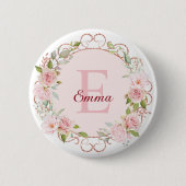 Monogramm-Wasserfarbe-Rosa-Rosenblumen-Blumen Button (Vorderseite)