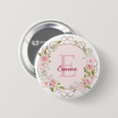 Monogramm-Wasserfarbe-Rosa-Rosenblumen-Blumen Button (Vorne & Hinten)