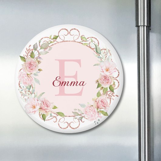 Monogramm-Wasserfarbe-Rosa-Rosenblumen-Blumen Magnet