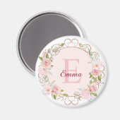 Monogramm-Wasserfarbe-Rosa-Rosenblumen-Blumen Magnet (Vorderseite/Rückseite)