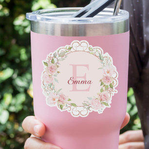 Monogramm-Wasserfarbe Rosa Rosenblüten Blumen Flor Aufkleber