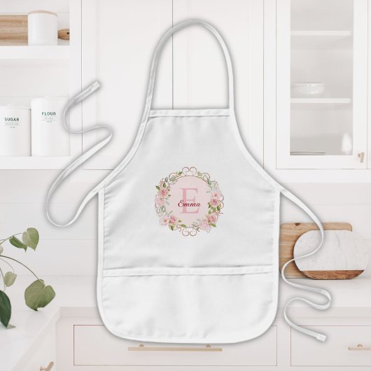 Monogramm-Wasserfarbe-Rosa-Rosenblüten-Blumen Kinderschürze