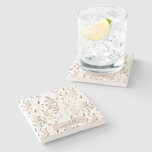 Monogramm Wasserfarbe Rustikale braun geblümte bot Steinuntersetzer (Seitenansicht)