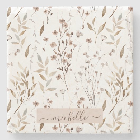 Monogramm Wasserfarbe Rustikale braun geblümte bot Steinuntersetzer (Vorderseite)