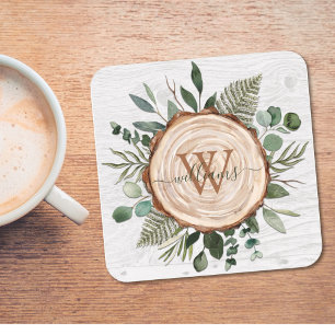 Monogramm-Wasserfarbe Rustikale Holzscheibe und La Rechteckiger Pappuntersetzer