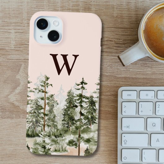 Monogramm-Wasserfarbe Rustikaler grüner Wald iPhone Hülle