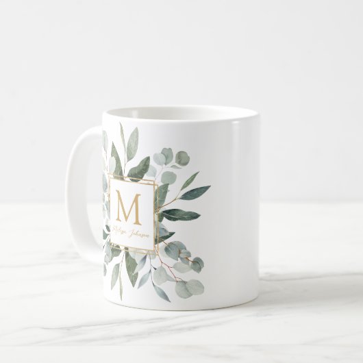 Monogramm-Wasserfarbe-Tropische-Grüne-Blätter Kaffeetasse (Vorderseite Links)