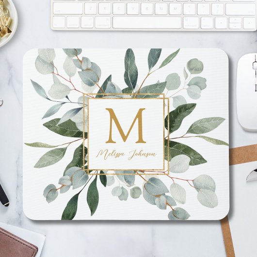 Monogramm-Wasserfarbe Tropische grüne Blätter Mousepad