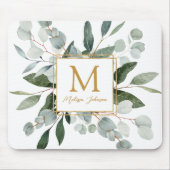 Monogramm-Wasserfarbe Tropische grüne Blätter Mousepad (Vorne)