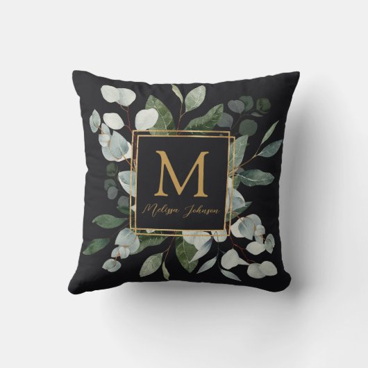 Monogramm-Wasserfarbe-Tropische-grüne-Blätter-Reze Kissen (Rückseite)