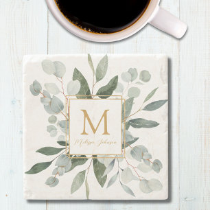 Monogramm-Wasserfarbe-Tropische-grüne-Blätter Steinuntersetzer