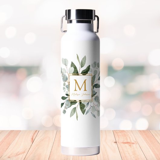 Monogramm Wasserfarbe Tropische grüne Blätter Trinkflasche