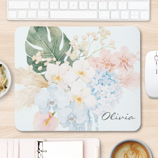 Monogramm-Wasserfarbe-Tropischer-Blumenstrauß Flor Mousepad