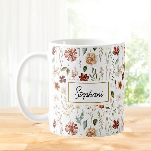 Monogramm-Wasserfarbe Vintage-Wildblumen-Blumenmus Kaffeetasse