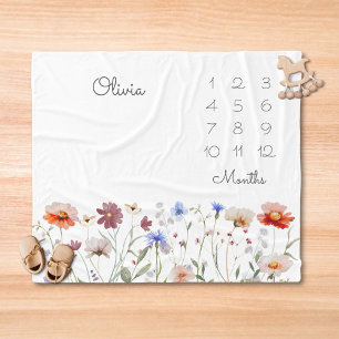 Monogramm Wasserfarbe Wildblume Meilenstein Baby Fleecedecke
