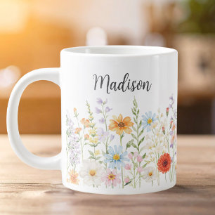 Monogramm-Wasserfarbe-Wildblumen-Blumen-Botanik Jumbo-Tasse