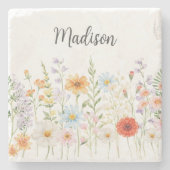 Monogramm-Wasserfarbe-Wildblumen-Blumen-Botanik Steinuntersetzer (Vorderseite)
