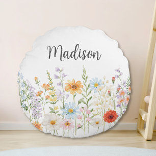 Monogramm Wasserfarbe Wilde Blumen Floral Botanisc Rundes Kissen