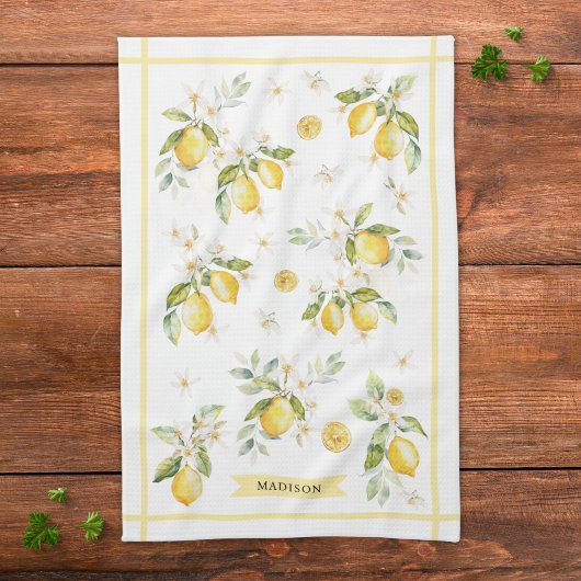 Monogramm-Wasserfarbe-Zitrus-Limonen-Blumen-Botani Geschirrtuch