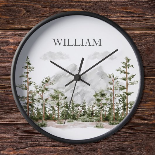 Monogramm Wasserfarben-Berg und -Wald Uhr