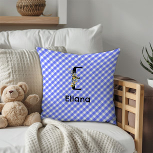 Monogramm-Wasserfarben-Blumen-Gingham Blau Minimal Kissen