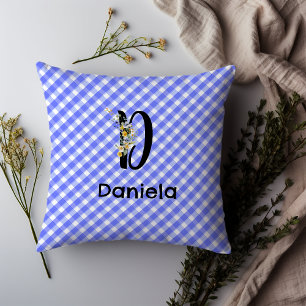 Monogramm-Wasserfarben-Blumen-Gingham Blau Minimal Kissen